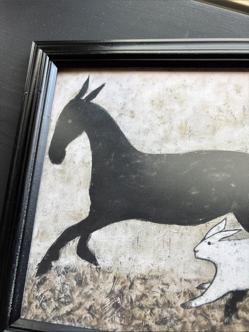 Black & White Horse and Rabbit Wall Art - Framed Rustic Print - Picture 2 of 4